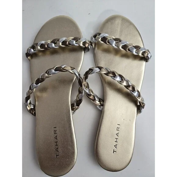 Tahari Size 8 Metallic Gold Slide Sandals Braided Gold Silver Strap Flat Slip on - Picture 5 of 7